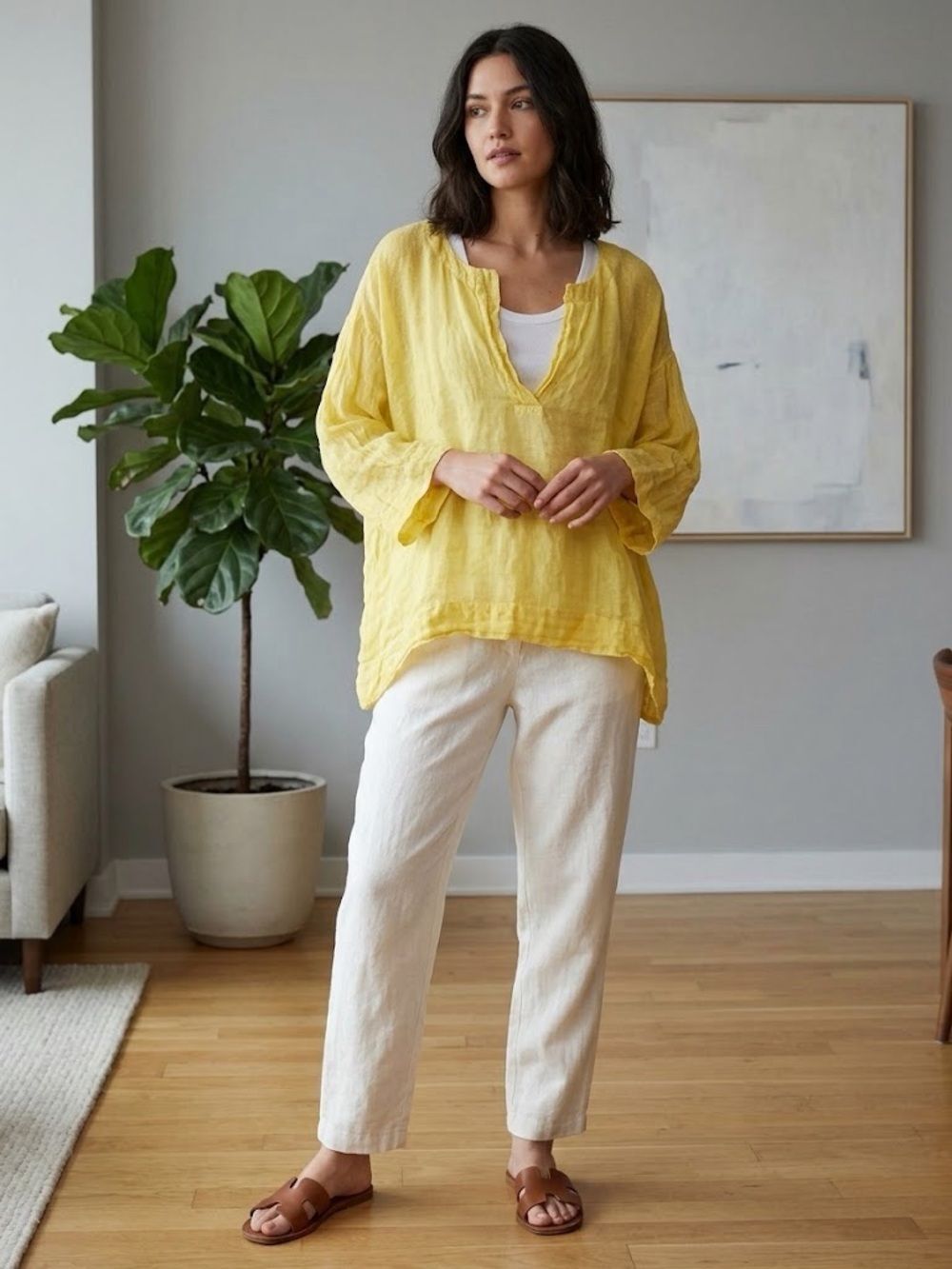 Eileen Fisher Linen Blouse Size XL Yellow V-Neck Handkerchief Hem Lagenlook
